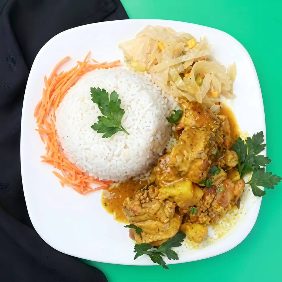 Curried chicken with potatoes, white rice, shredded carrots, and cabbage on a white plate.